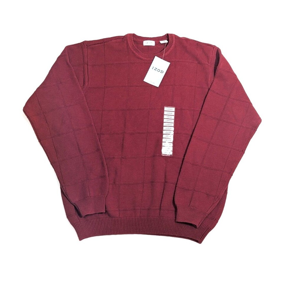 IZOD Men's L Knit Sweater 100% Cotton Windowpane Burgundy Pullover